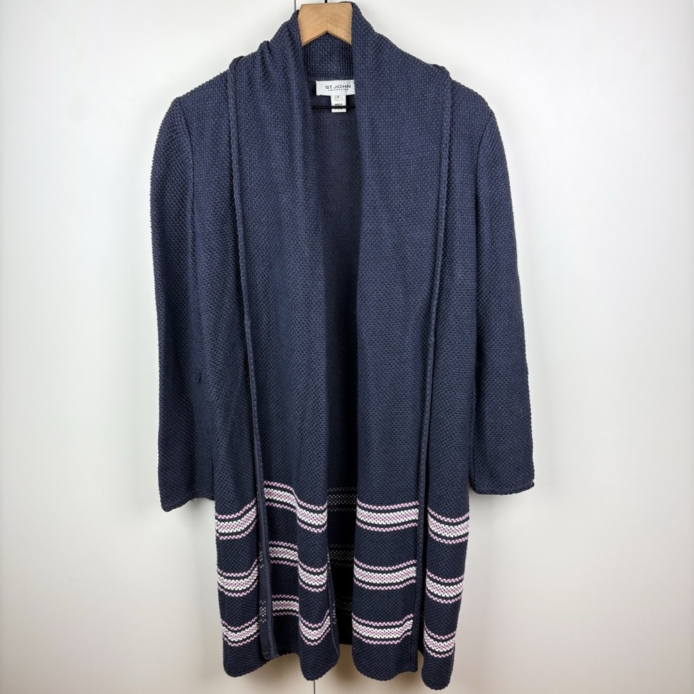 St. John Collection Shawl Collar Striped Long Cardigan Sweater Wool Silk Navy